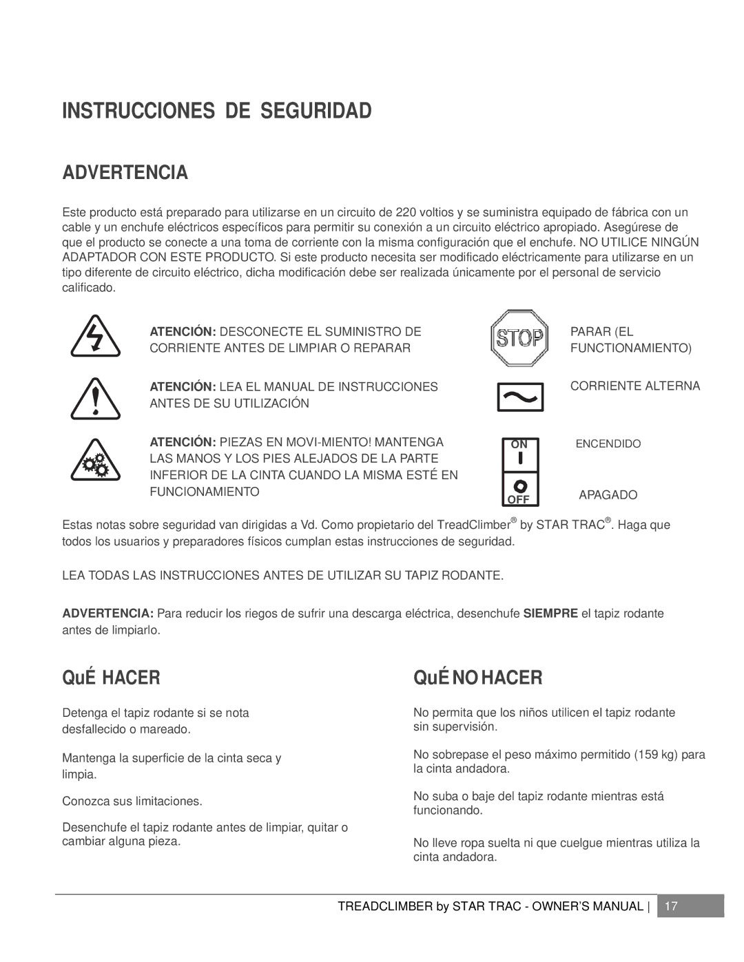 Star Trac E-TCI, NOT FOUND Instrucciones DE Seguridad, Advertencia, Parar EL Functionamiento Corriente Alterna, Apagado 