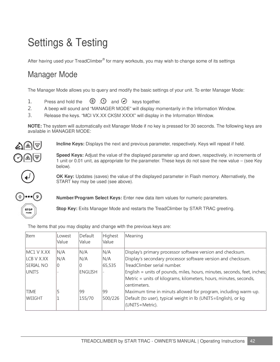 Star Trac NOT FOUND, E-TCI manual Settings & Testing, Manager Mode 