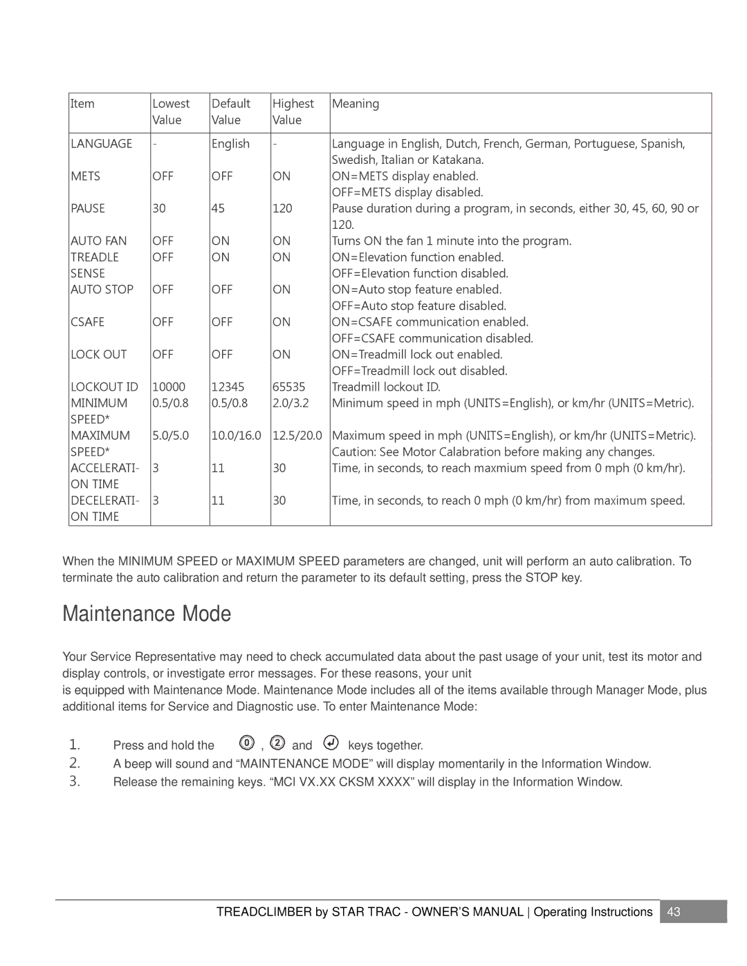 Star Trac E-TCI, NOT FOUND manual Maintenance Mode, Language 