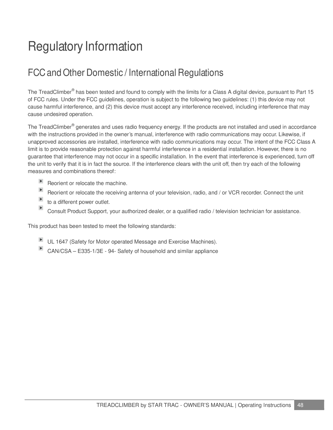 Star Trac NOT FOUND, E-TCI manual Regulatory Information, FCC and Other Domestic / International Regulations 