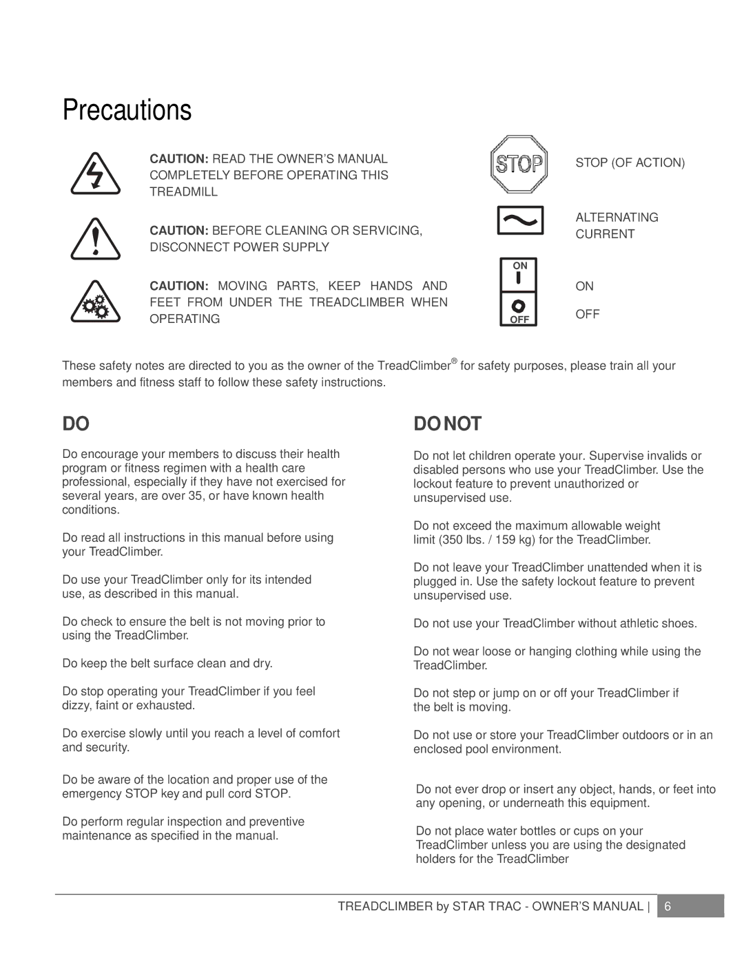 Star Trac NOT FOUND, E-TCI manual Do not, Stop of Action Alternating Current OFF 