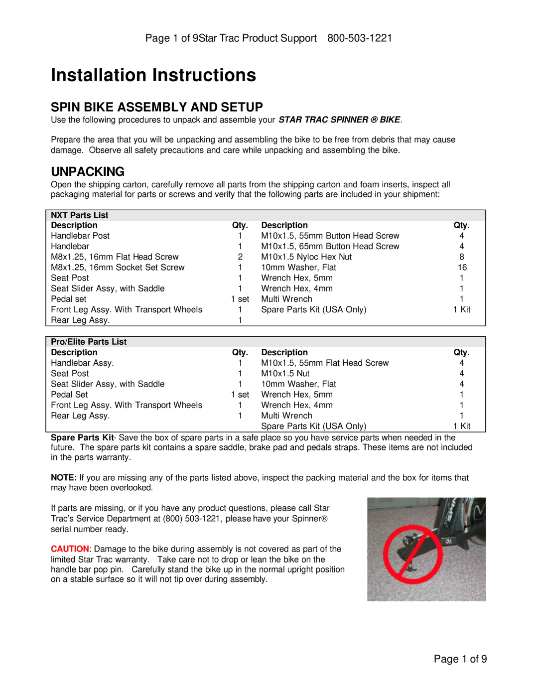 Star Trac NXT 7000 manual Spin Bike Assembly and Setup 