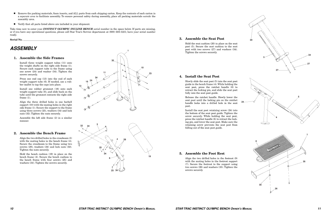 Star Trac Olympic Bench manual Assemble the Seat Post, Install the Seat Post, Assemble the Foot Rest 