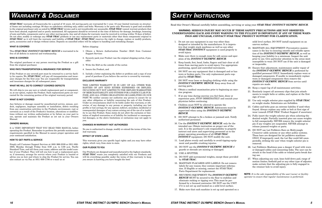 Star Trac Olympic Bench manual Warranty & Disclaimer, Safety Instructions 