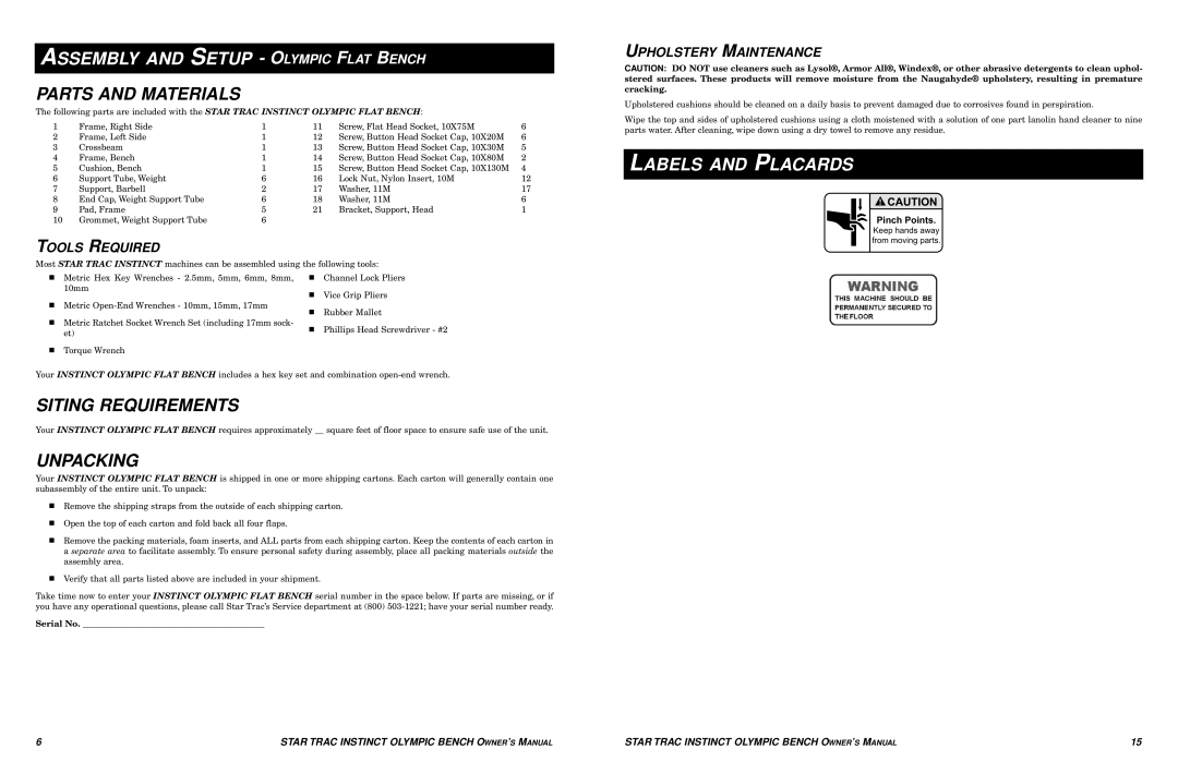 Star Trac Olympic Bench manual Assembly and Setup Olympic Flat Bench, Parts and Materials, Labels and Placards, Unpacking 