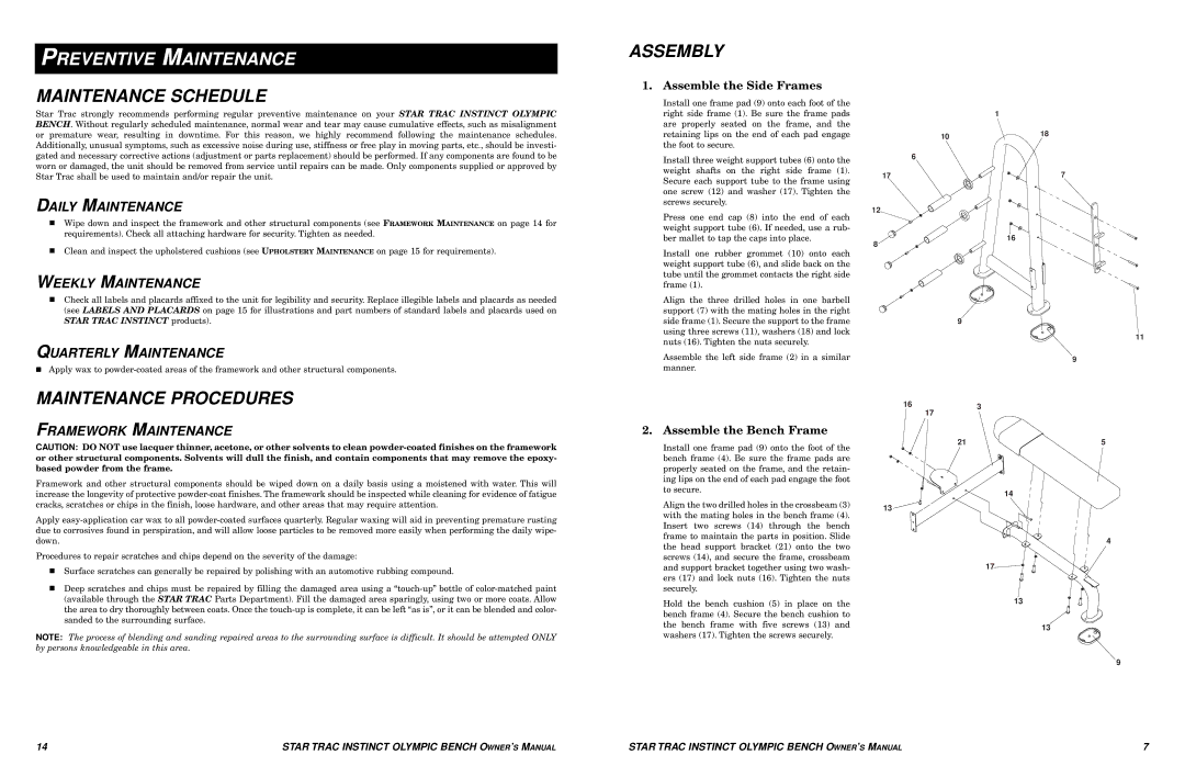 Star Trac Olympic Bench manual Preventive Maintenance, Maintenance Schedule, Maintenance Procedures, Assembly 