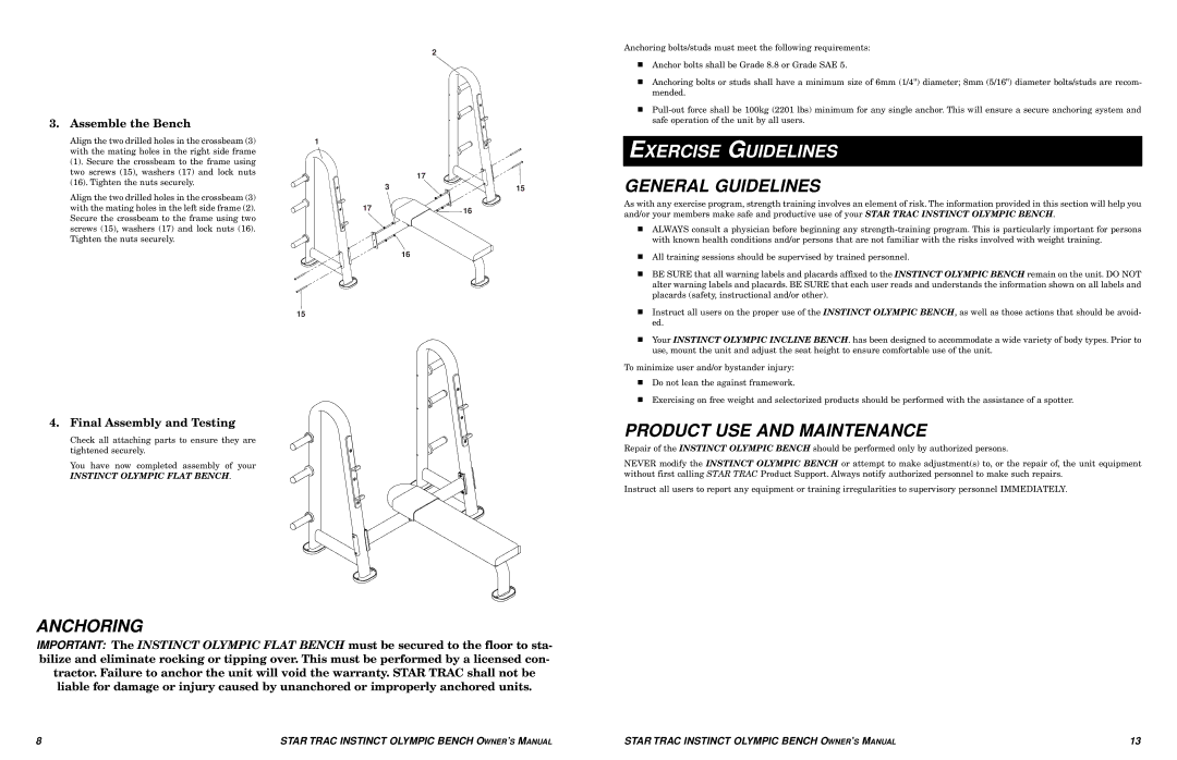 Star Trac Olympic Bench manual Exercise Guidelines, General Guidelines, Anchoring, Product USE and Maintenance 