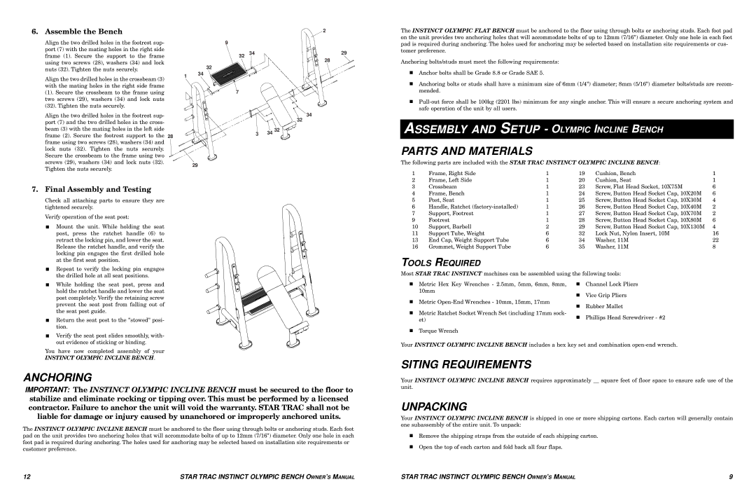 Star Trac Olympic Bench manual Assembly and Setup Olympic Incline Bench, Parts and Materials 