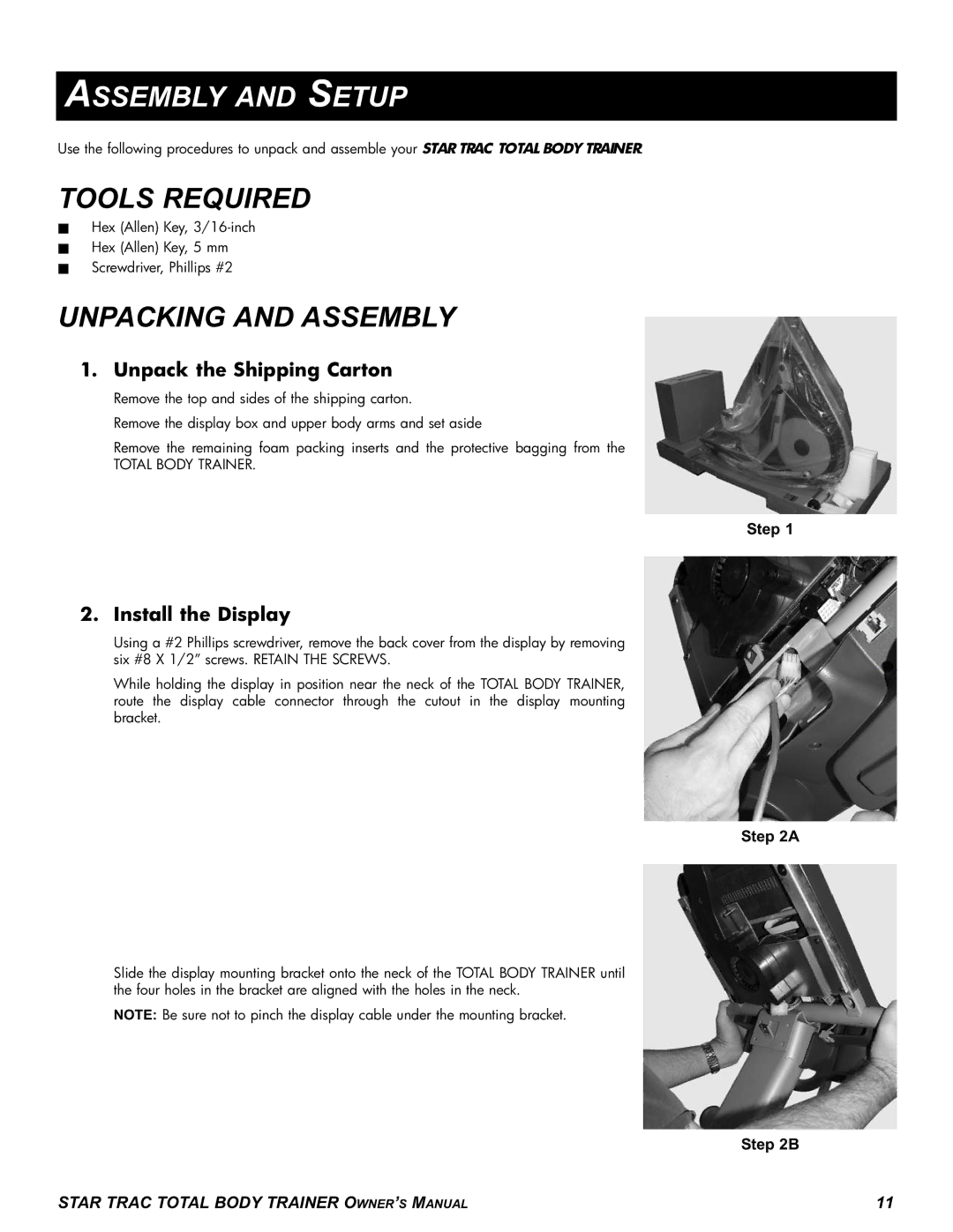 Star Trac P-TBTX manual Assembly and Setup, Tools Required, Unpacking and Assembly, Step 