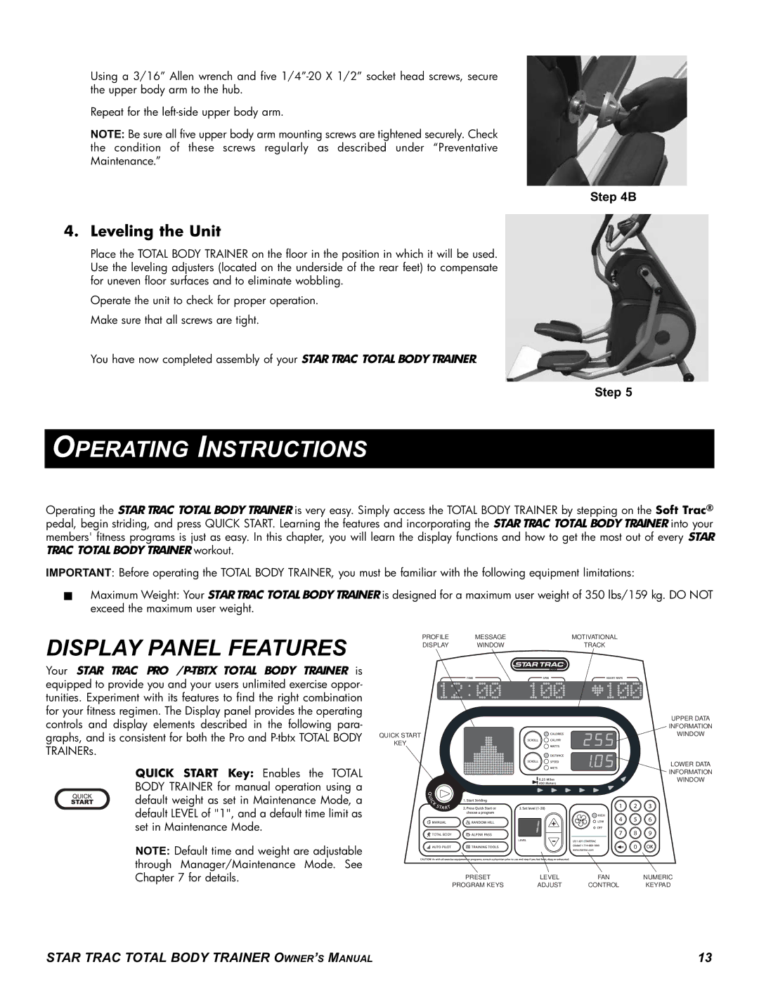 Star Trac P-TBTX manual Operating Instructions, Display Panel Features 