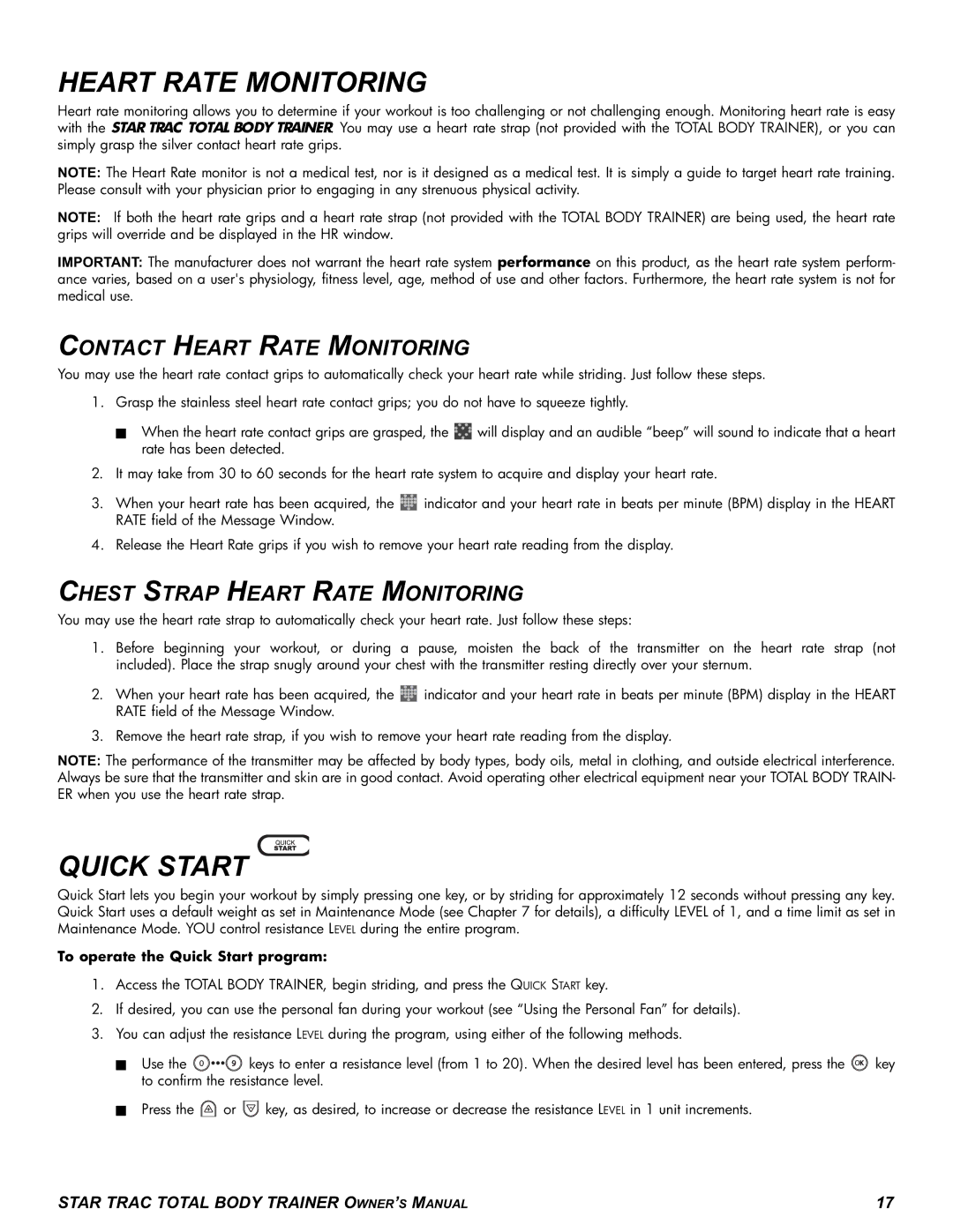 Star Trac P-TBTX manual Quick Start, Contact Heart Rate Monitoring, Chest Strap Heart Rate Monitoring 