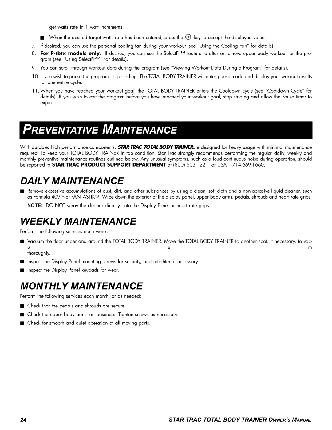 Star Trac P-TBTX manual Preventative Maintenance, Daily Maintenance, Weekly Maintenance, Monthly Maintenance 