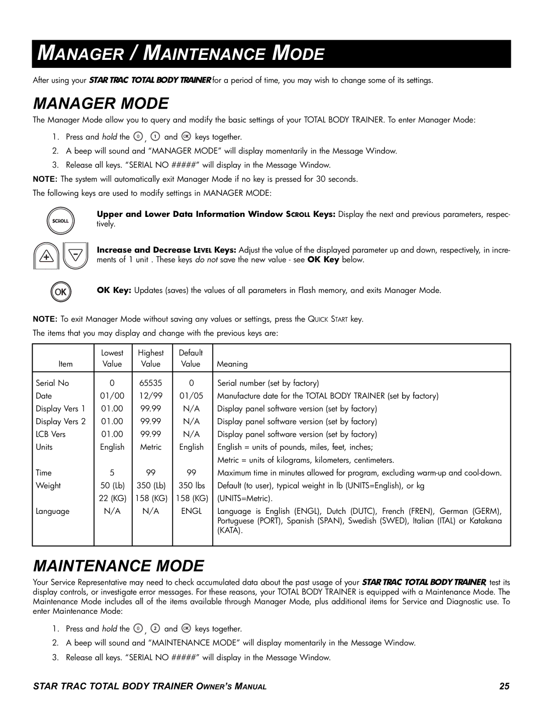 Star Trac P-TBTX manual Manager / Maintenance Mode, Manager Mode 