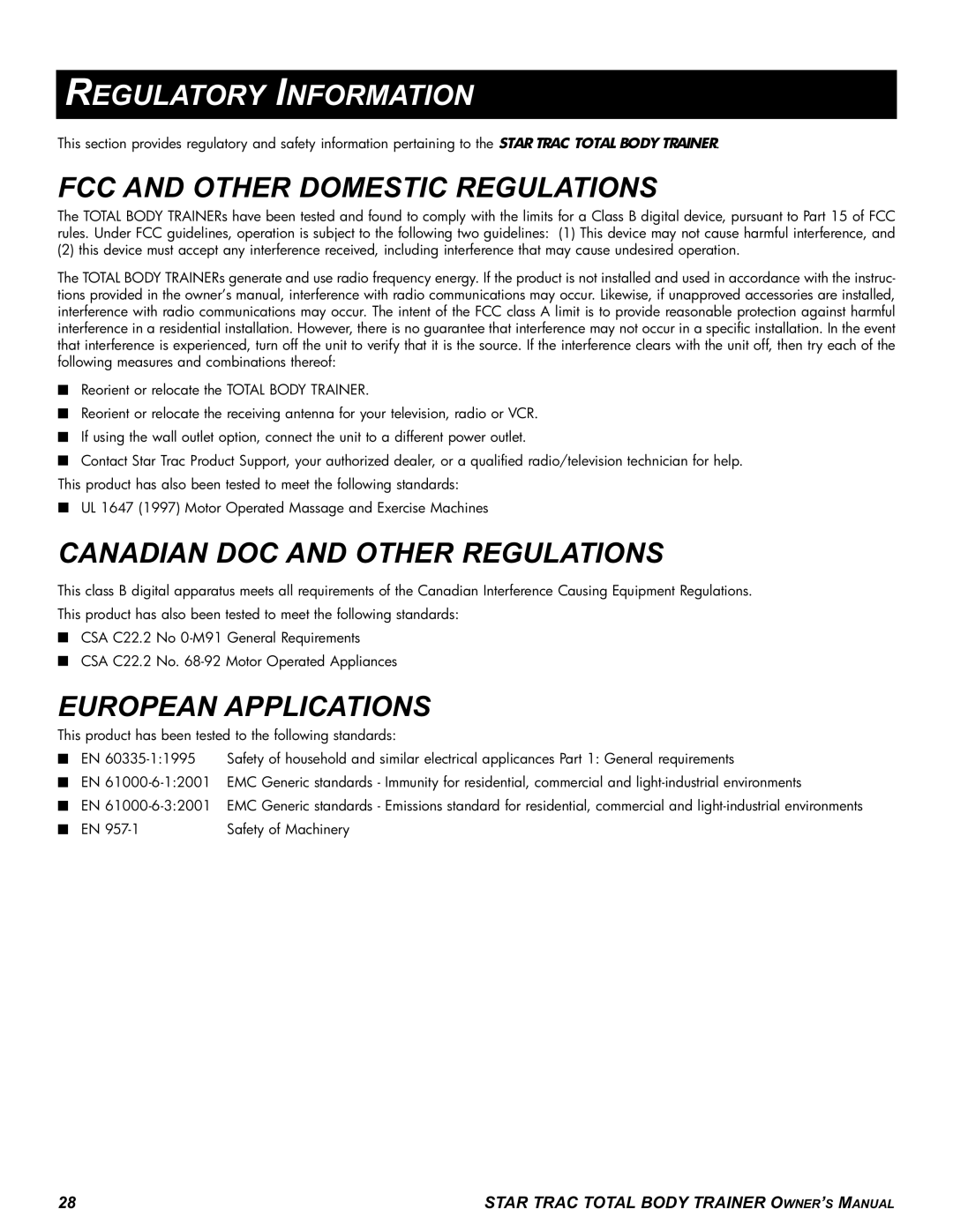 Star Trac P-TBTX manual Regulatory Information, FCC and Other Domestic Regulations, Canadian DOC and Other Regulations 