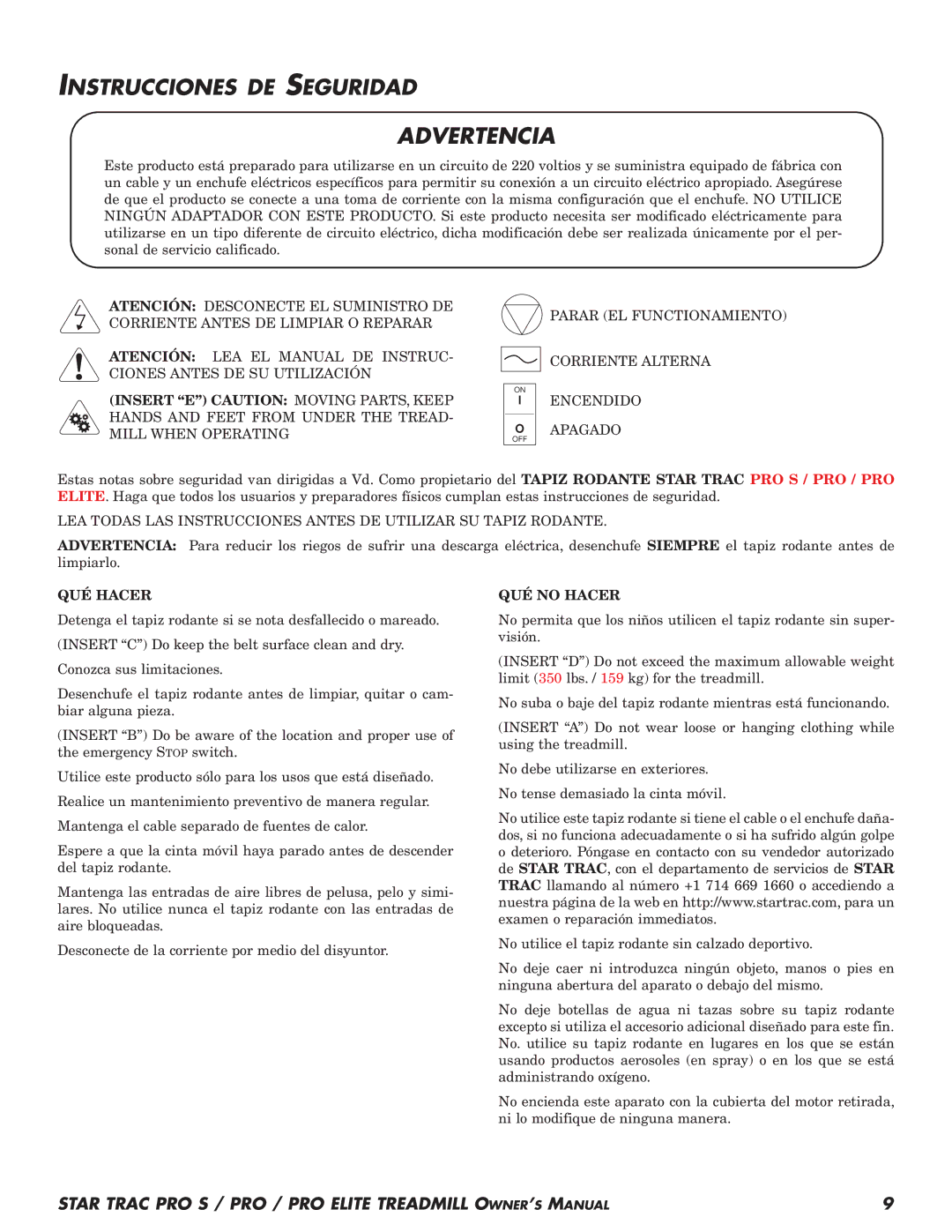 Star Trac Pro STM Treadmill manual Instrucciones DE Seguridad, QUÉ Hacer, QUÉ no Hacer 