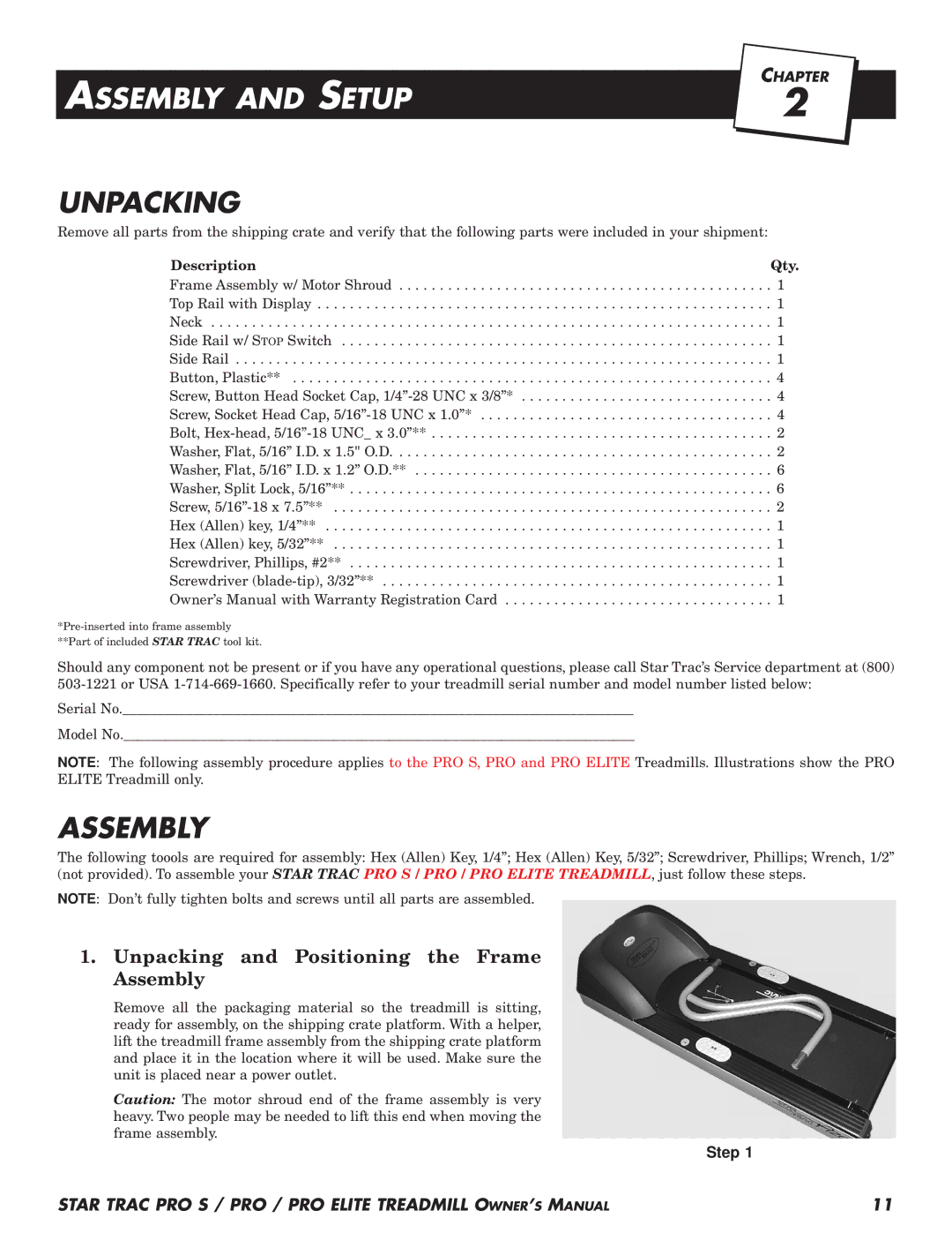 Star Trac Pro STM Treadmill manual Assembly and Setup, Unpacking, Description Qty 