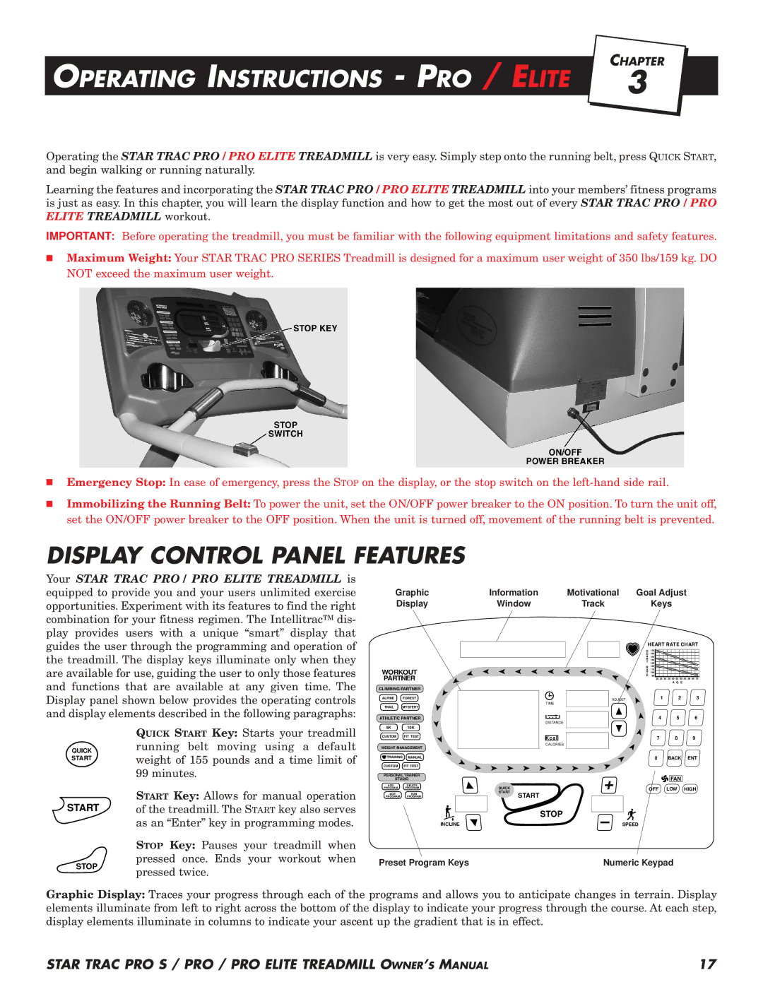 Star Trac Pro STM Treadmill manual Operating Instructions PRO / Elite, Display Control Panel Features 