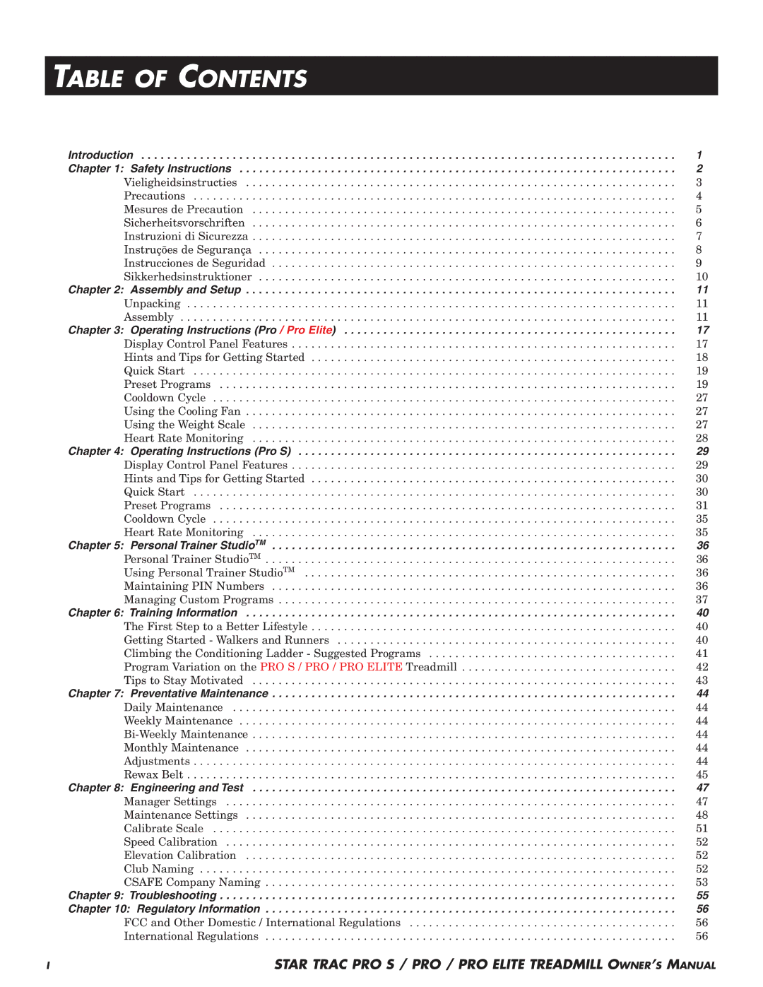 Star Trac Pro STM Treadmill manual Table of Contents 