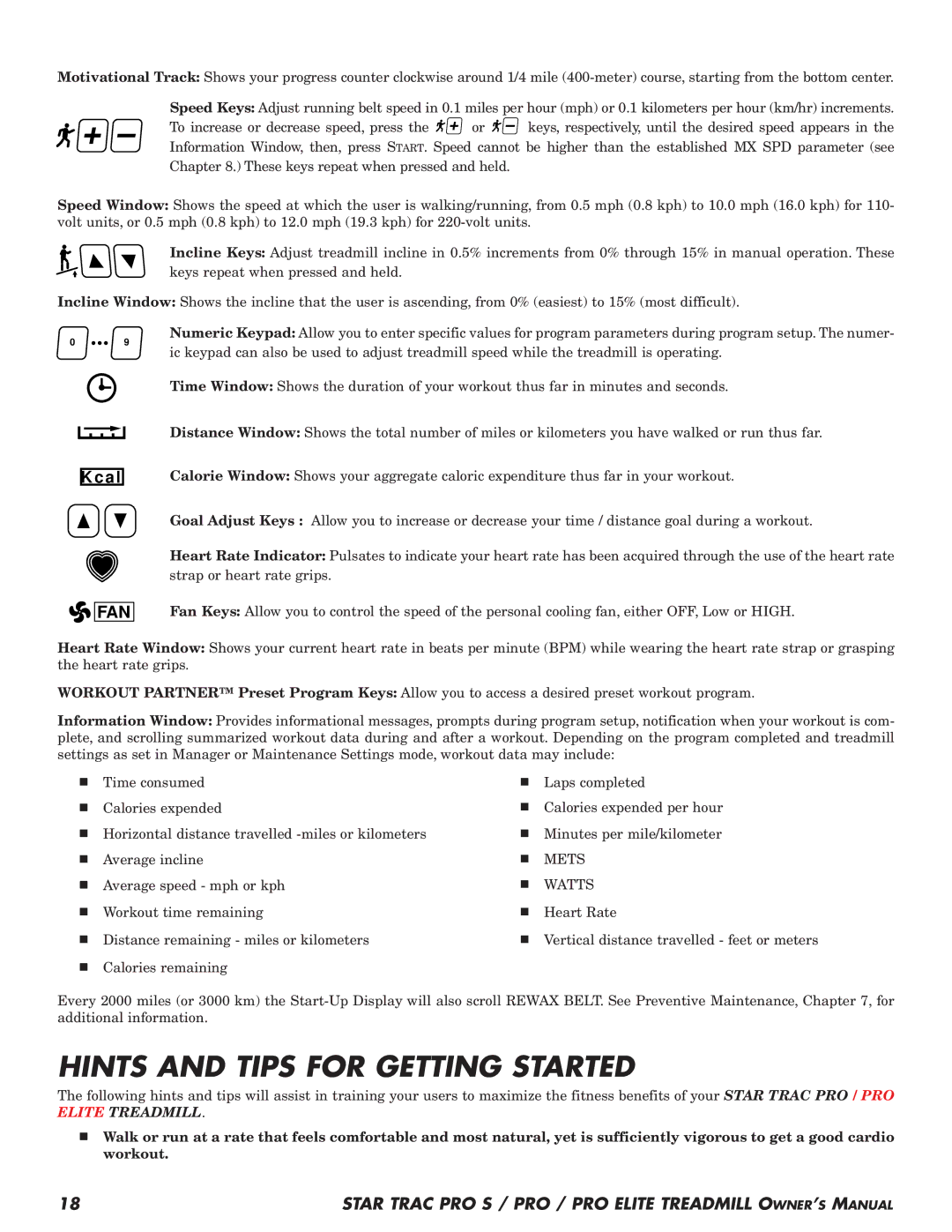 Star Trac Pro STM Treadmill manual Hints and Tips for Getting Started, Mets, Watts 