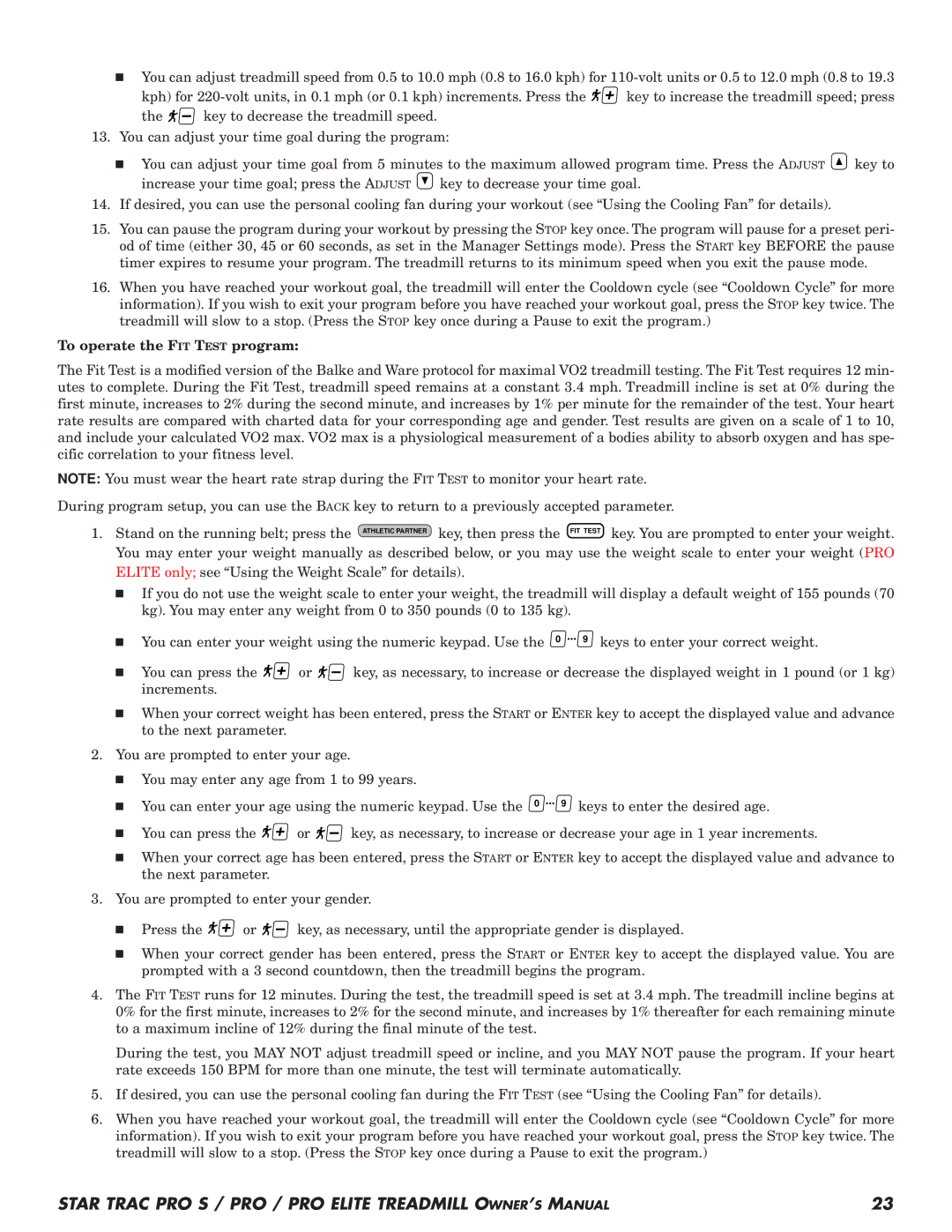 Star Trac Pro STM Treadmill manual To operate the FIT Test program 