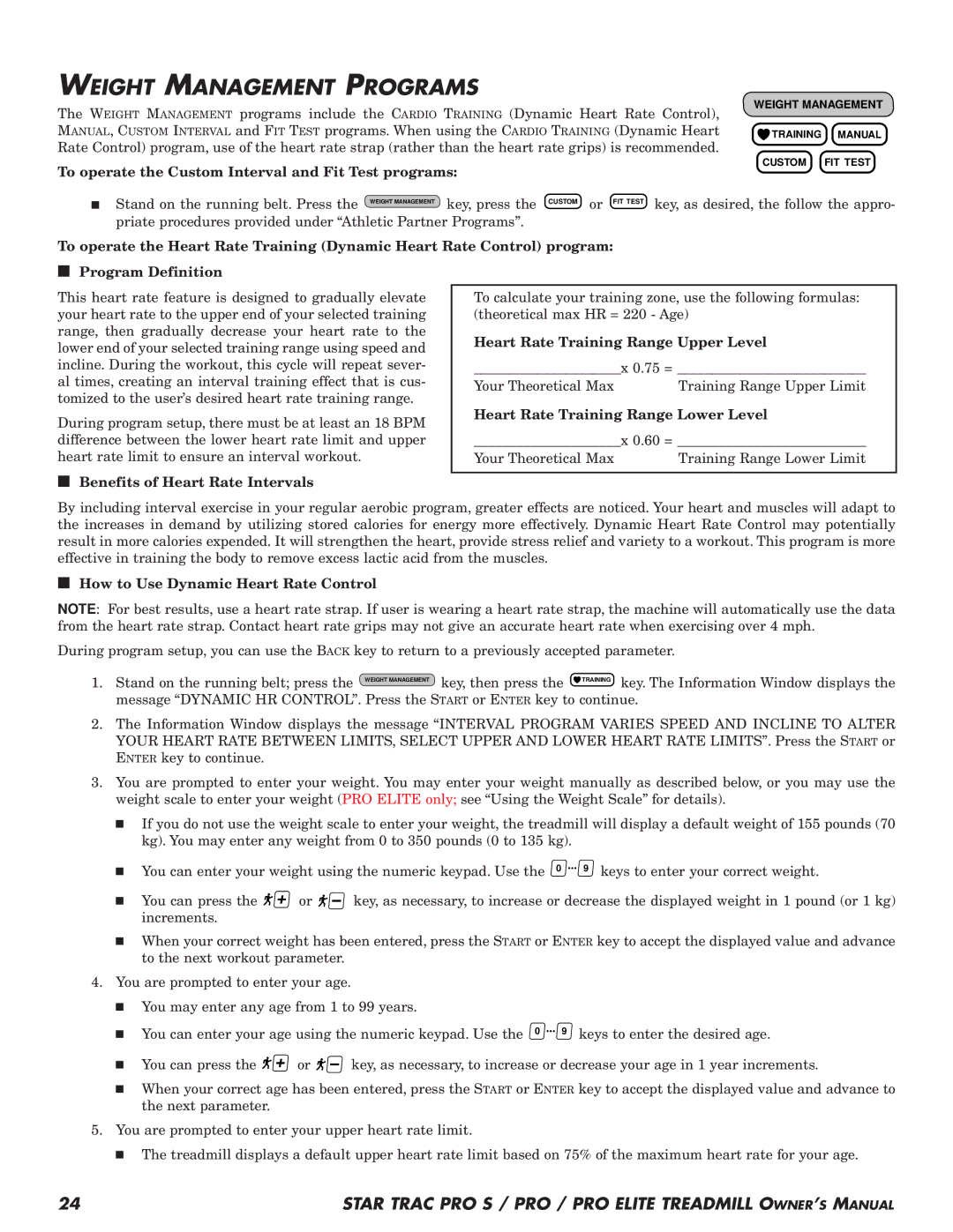 Star Trac Pro STM Treadmill manual Weight Management Programs 