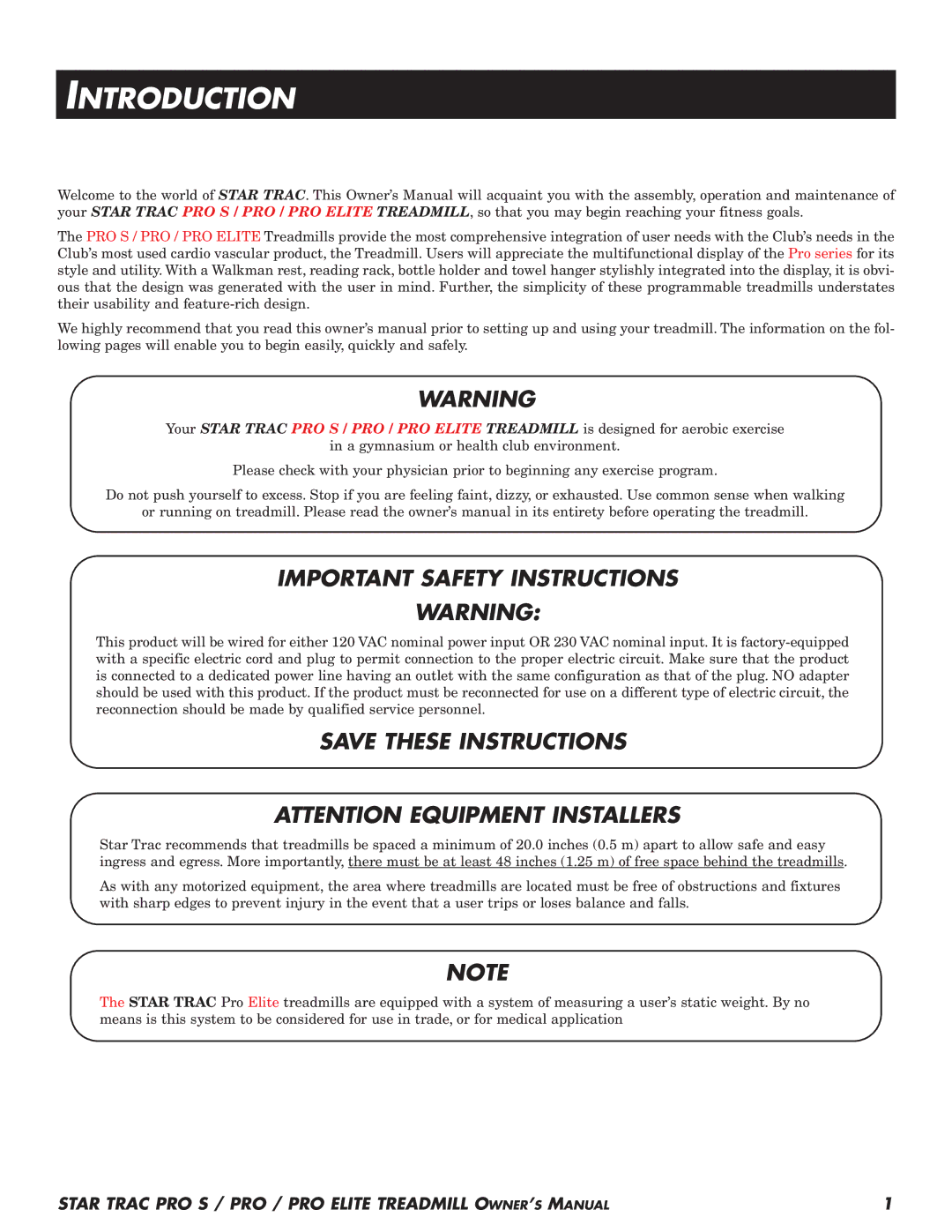 Star Trac Pro STM Treadmill manual Introduction, Important Safety Instructions 