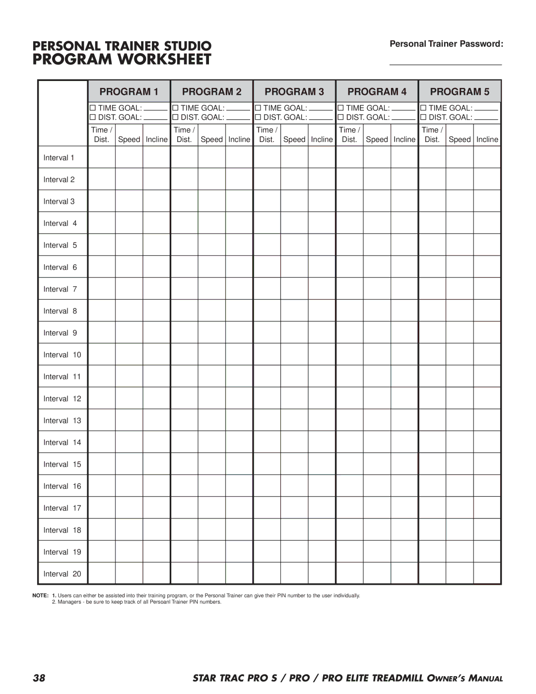 Star Trac Pro STM Treadmill manual Program Worksheet 