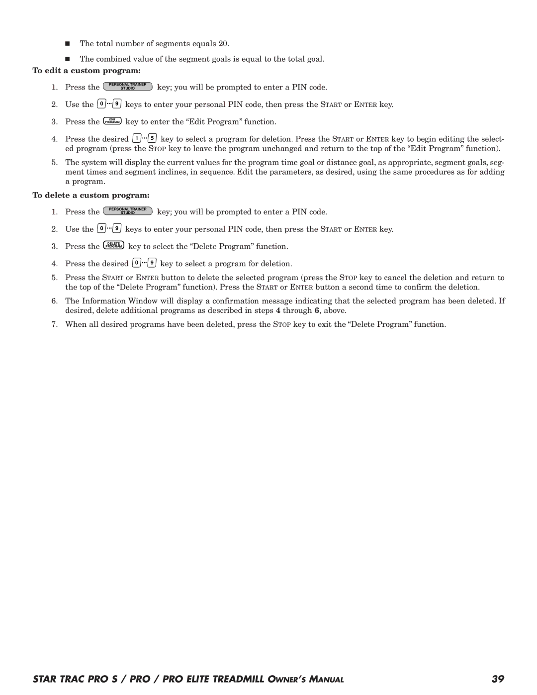 Star Trac Pro STM Treadmill manual To edit a custom program, To delete a custom program 