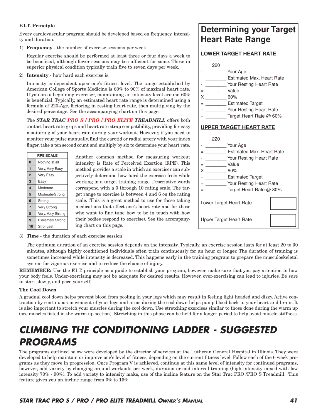 Star Trac Pro STM Treadmill manual Climbing the Conditioning Ladder Suggested Programs, T. Principle, Cool Down 