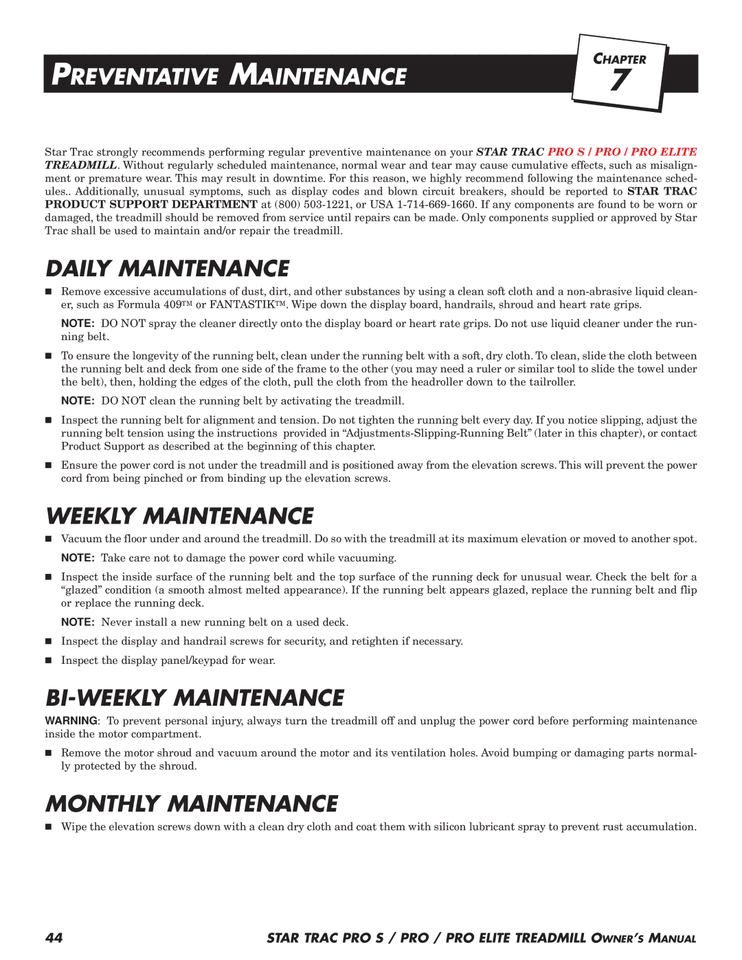 Star Trac Pro STM Treadmill manual Preventative Maintenance, Daily Maintenance, Weekly Maintenance, BI-WEEKLY Maintenance 