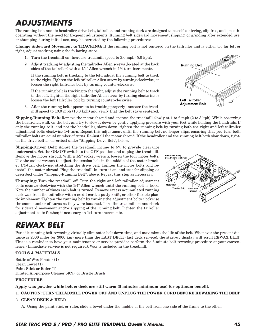 Star Trac Pro STM Treadmill manual Adjustments, Rewax Belt, Tools & Materials, Procedure, Clean Deck & Belt 