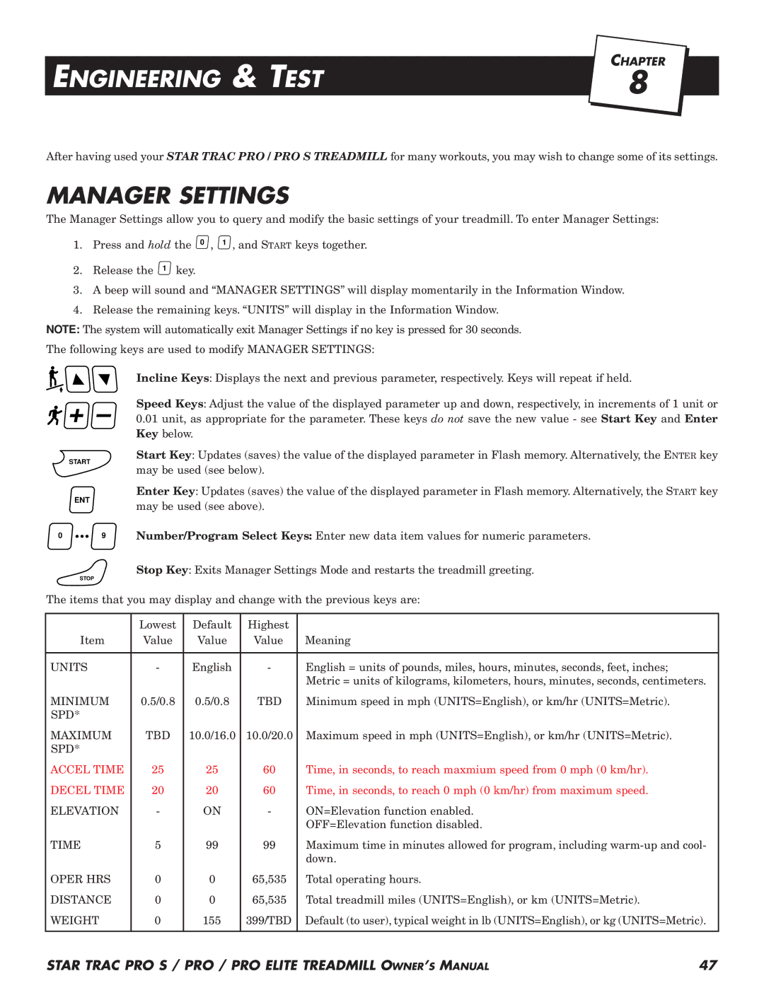 Star Trac Pro STM Treadmill manual Engineering & Test, Manager Settings 