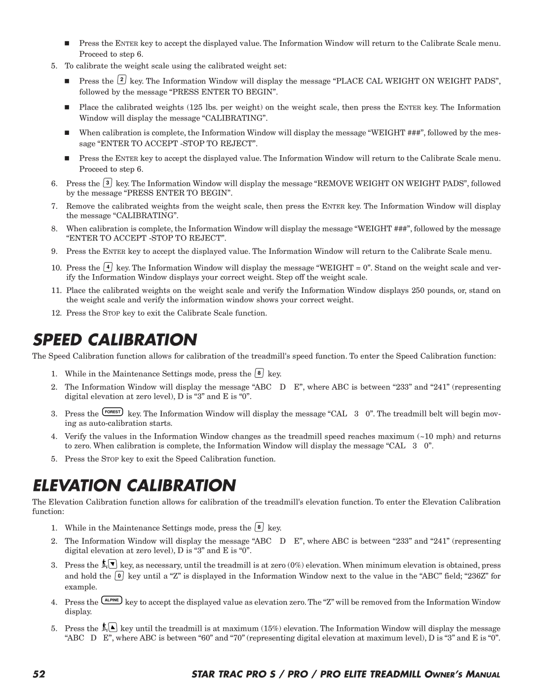 Star Trac Pro STM Treadmill manual Speed Calibration, Elevation Calibration, Enter to Accept -STOP to Reject, Abc D 