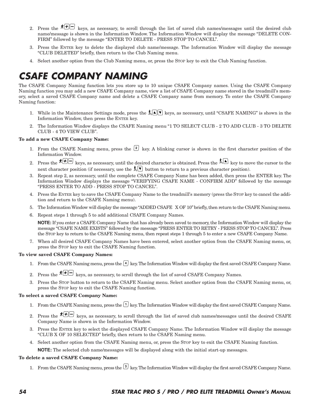 Star Trac Pro STM Treadmill manual Csafe Company Naming, To add a new Csafe Company Name, To view saved Csafe Company Names 