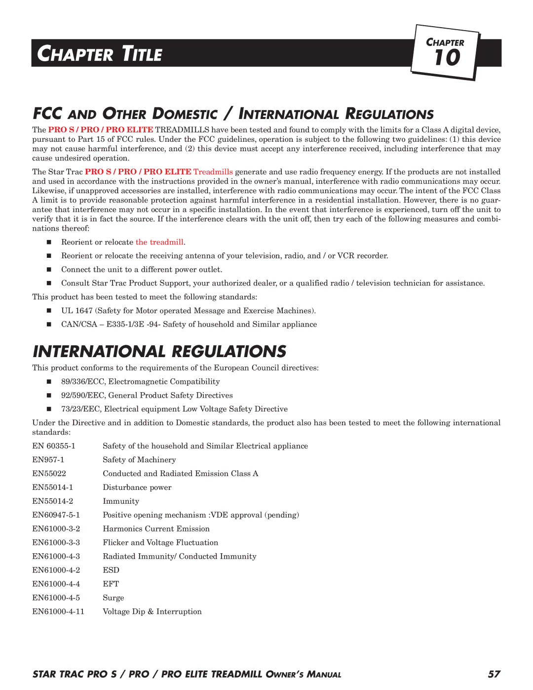 Star Trac Pro STM Treadmill manual Chapter Title, FCC and Other Domestic / International Regulations, Esd, Eft 