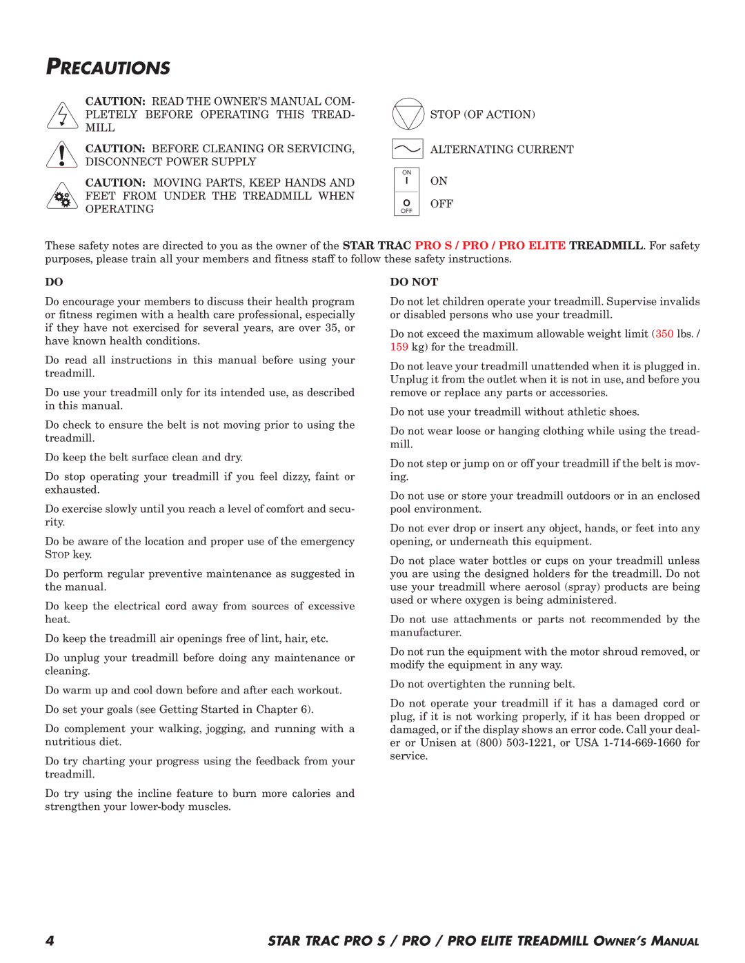 Star Trac Pro STM Treadmill manual Precautions, Stop of Action Alternating Current OFF, Do not 