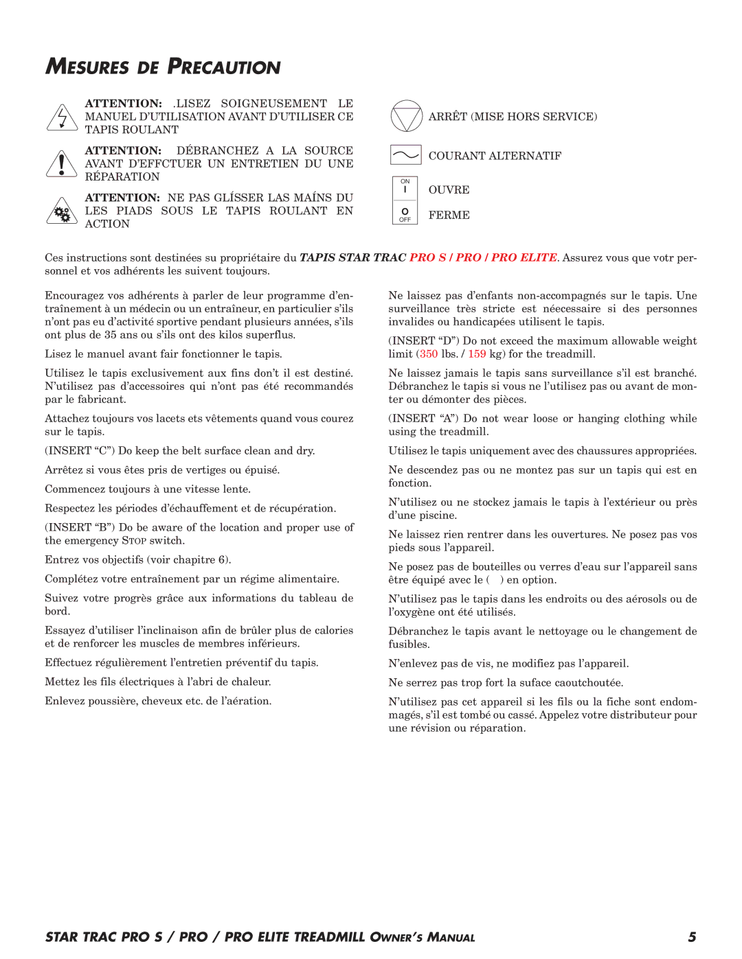 Star Trac Pro STM Treadmill manual Mesures DE Precaution, Arrêt Mise Hors Service Courant Alternatif Ouvre Ferme 