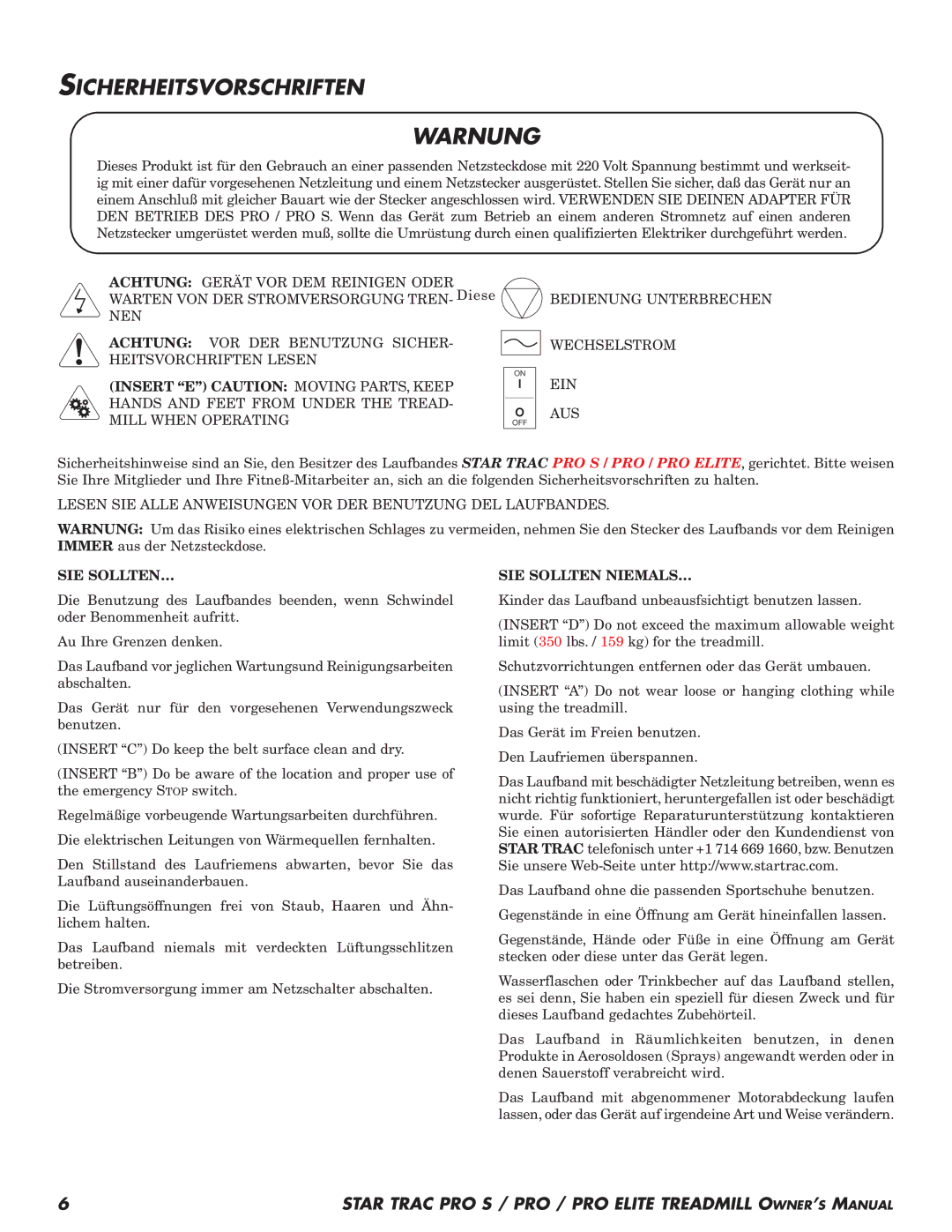 Star Trac Pro STM Treadmill manual Sicherheitsvorschriften, Bedienung Unterbrechen Wechselstrom EIN AUS, Sie Sollten… 