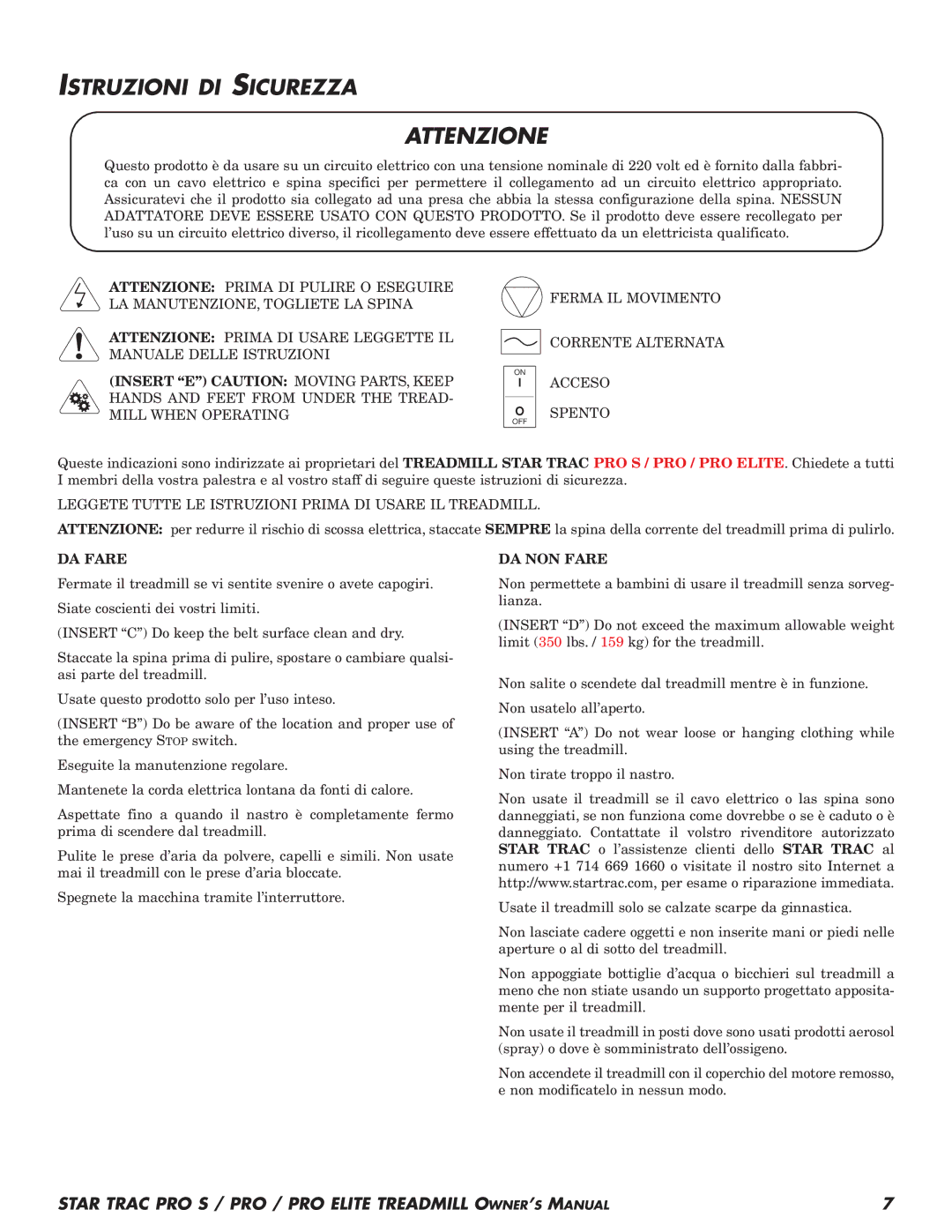 Star Trac Pro STM Treadmill manual Istruzioni DI Sicurezza, Acceso Spento, DA Fare, DA NON Fare 