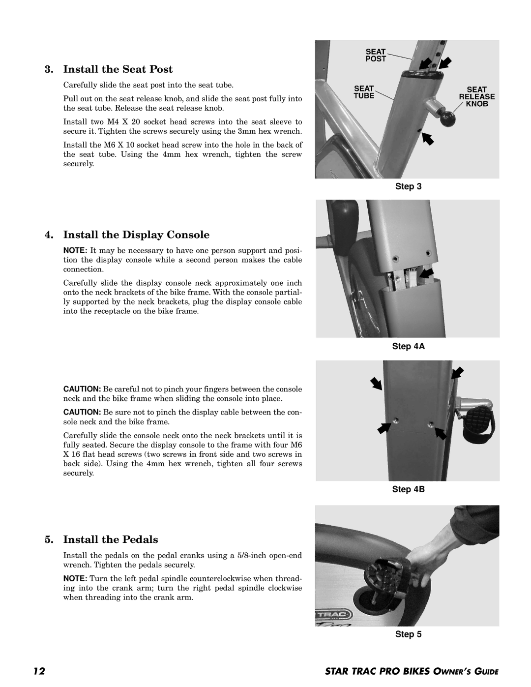 Star Trac Pro Upright Bike, Pro Recumbent Bike manual Install the Seat Post, Install the Display Console, Install the Pedals 