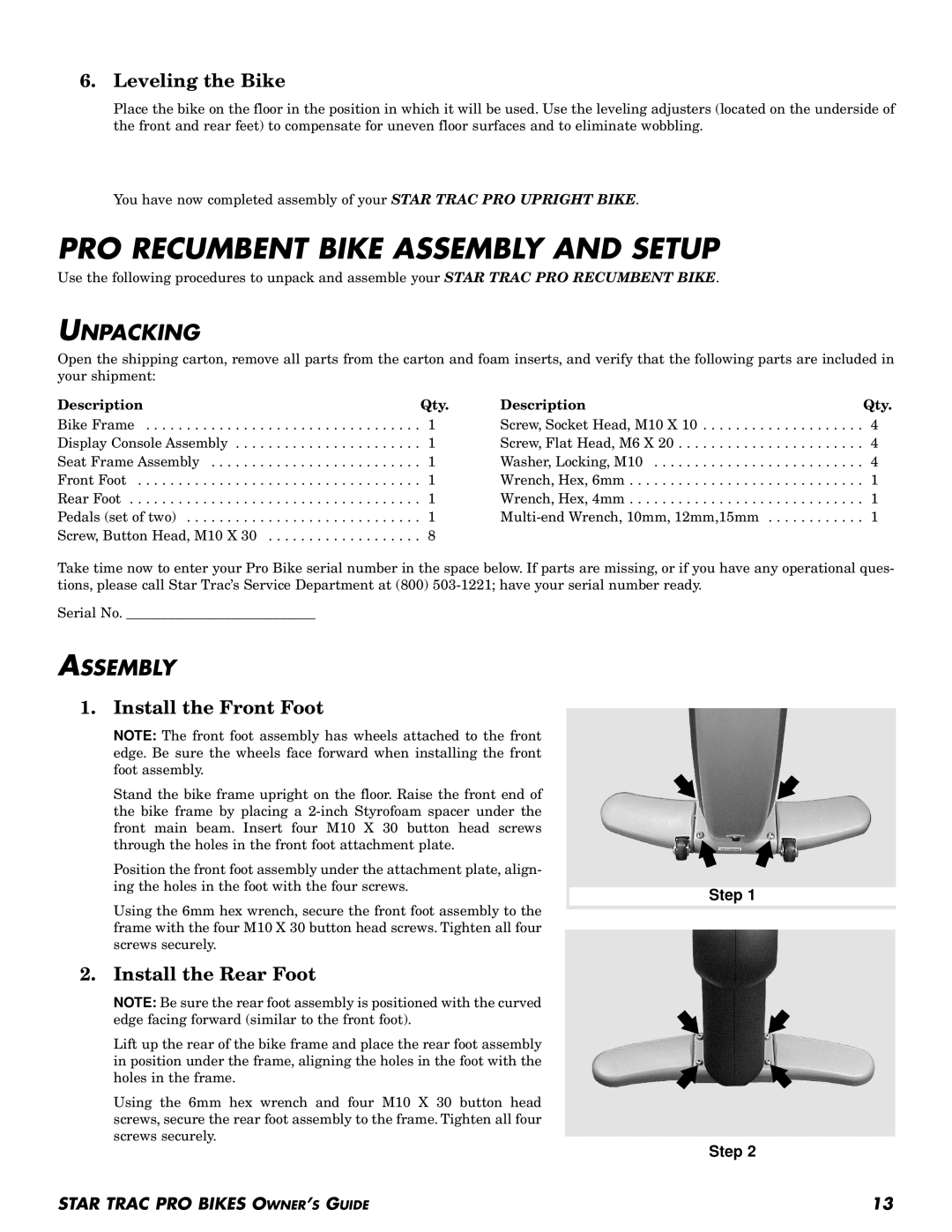 Star Trac Pro Recumbent Bike, Pro Upright Bike manual PRO Recumbent Bike Assembly and Setup, Leveling the Bike 