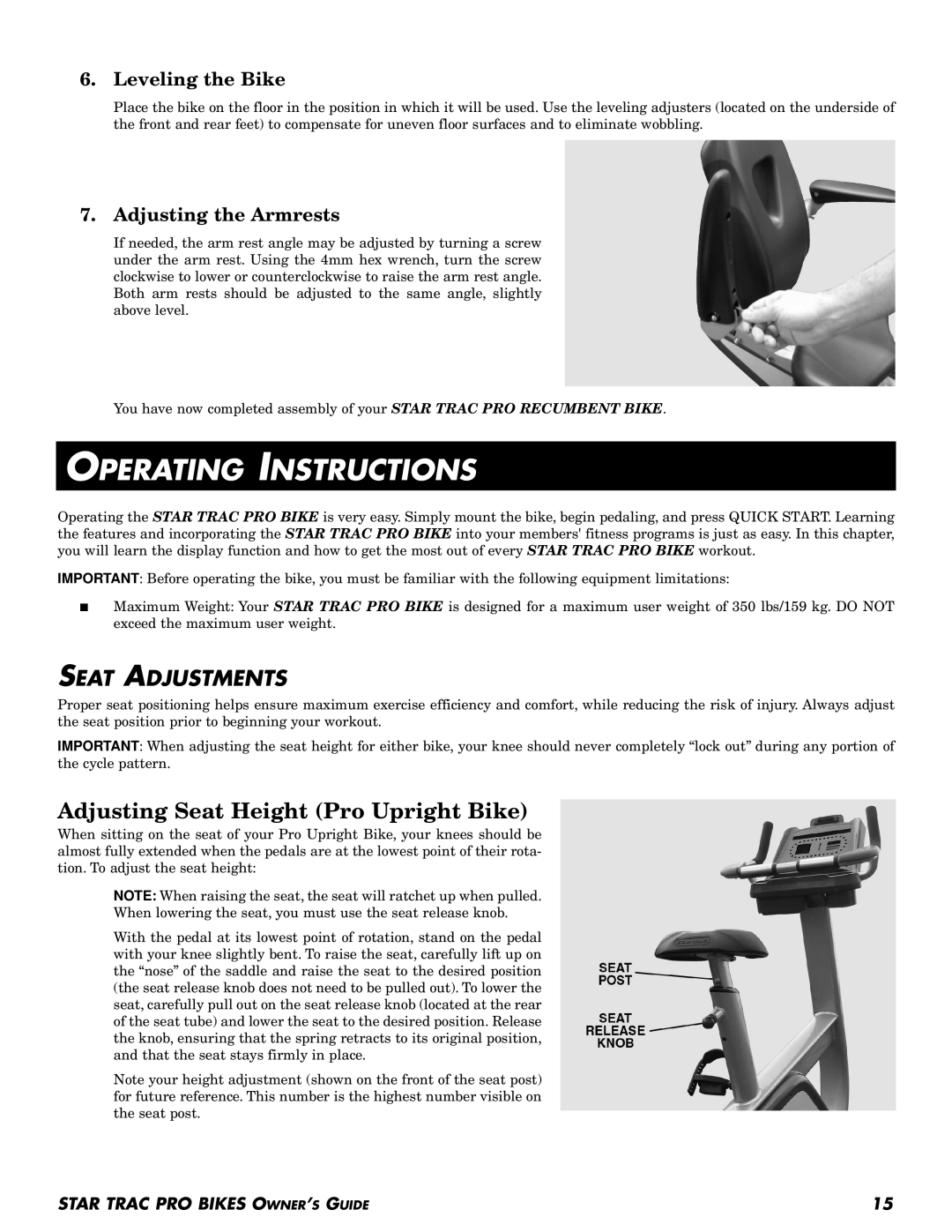 Star Trac Pro Recumbent Bike, Pro Upright Bike manual Operating Instructions, Seat Adjustments, Adjusting the Armrests 