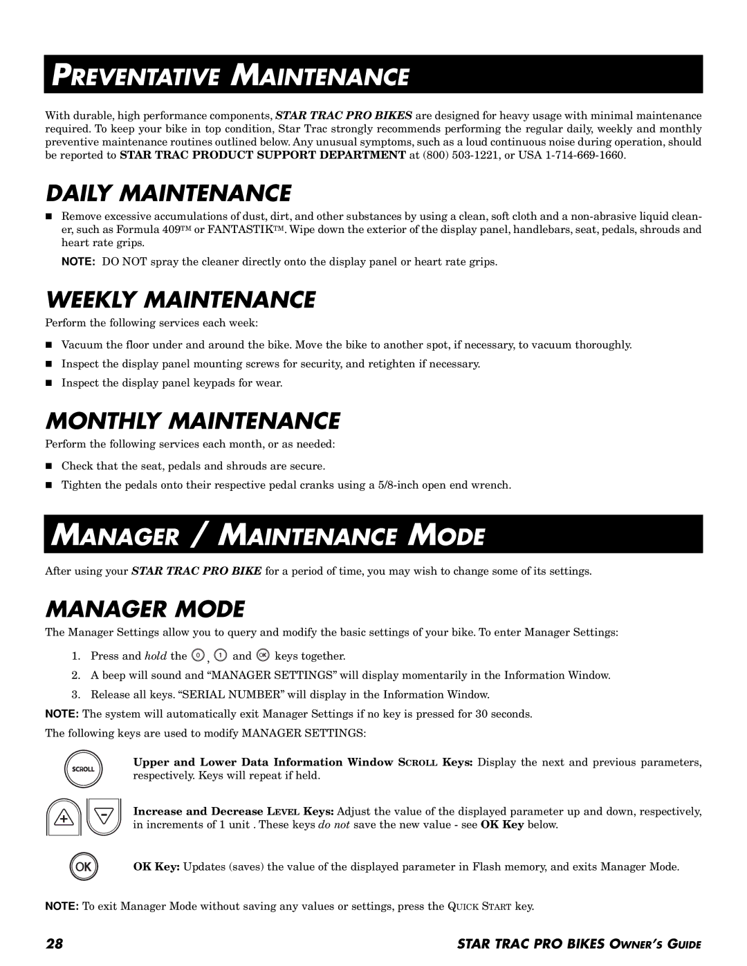 Star Trac Pro Upright Bike, Pro Recumbent Bike manual Preventative Maintenance, Manager / Maintenance Mode 