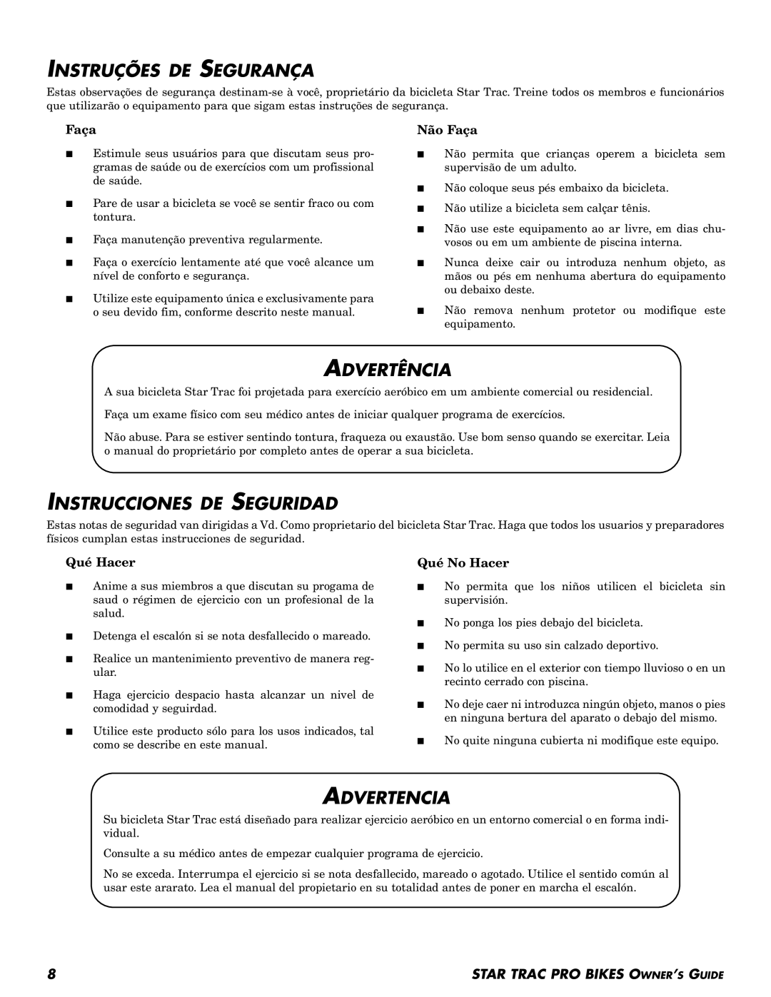 Star Trac Pro Upright Bike manual Instruções DE Segurança, Advertência, Instrucciones DE Seguridad, Advertencia 