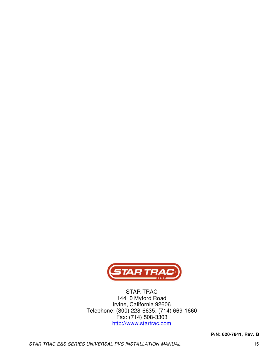 Star Trac S-TBT, S-RB, E-RB, S-UB manual Star Trac 