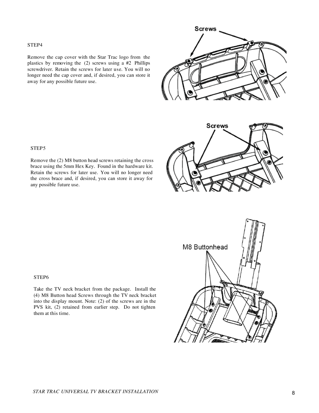 Star Trac S-RB, E-RB, S-UB, S-TBT manual Star Trac Universal TV Bracket Installation 