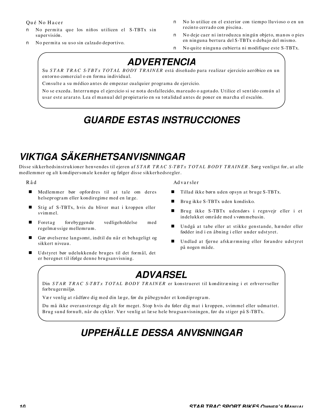 Star Trac S-TBTX manual Advertencia, Guarde Estas Instrucciones Viktiga Säkerhetsanvisningar, Uppehälle Dessa Anvisningar 