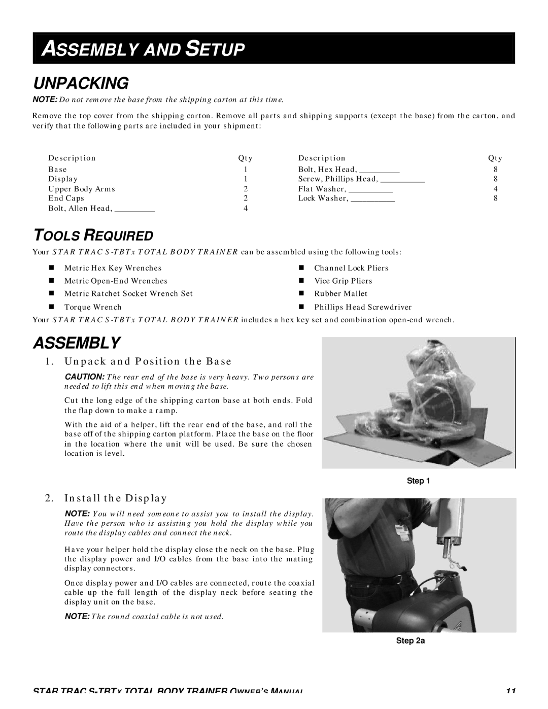 Star Trac S-TBTX manual Assembly and Setup, Unpacking, Tools Required, Description Qty 