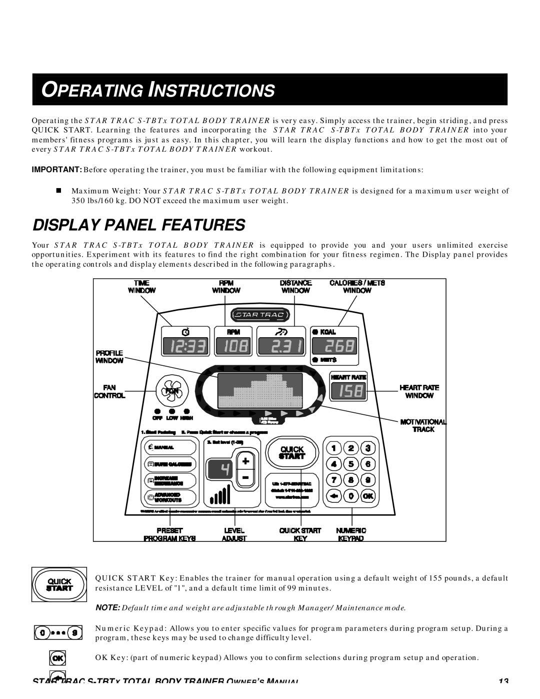 Star Trac S-TBTX manual Operating Instructions, Display Panel Features 