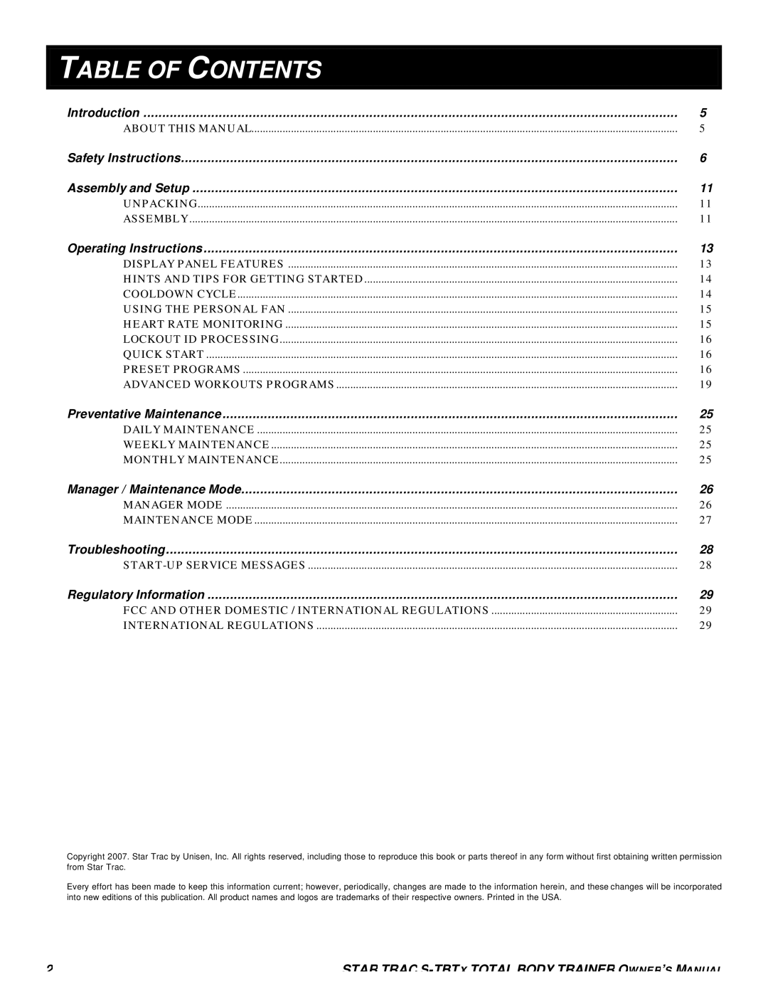 Star Trac S-TBTX manual Table of Contents 